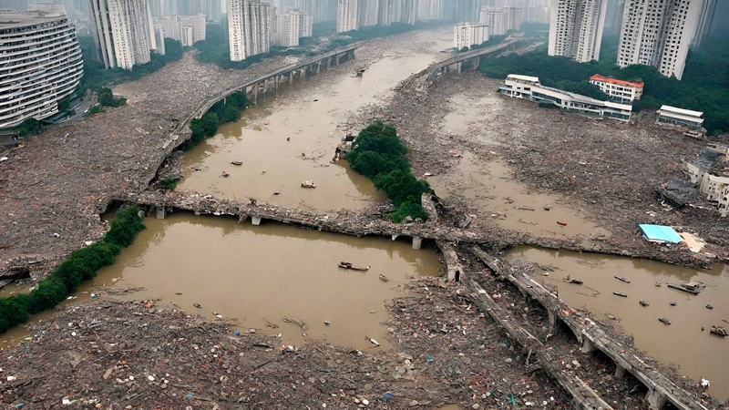 Thousands of cars are underwater, water level 2 meters Typhoon and flood in