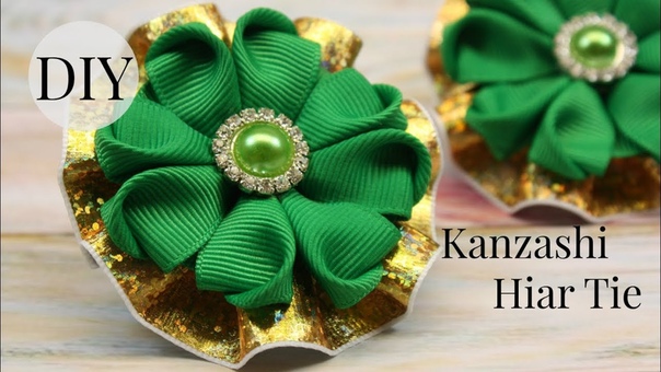 DIY Kanzashi Hair Tie, St. Patricks Day Ponytail holder, Kanzashi