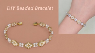 DIY Beaded Bracelet with Delica Seed Beads and White Pearls, Brick Stitch Beaded Bracelet