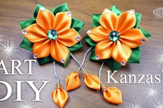 Яркий цветок Канзаши со стразами.Быстро.Просто. Красиво.  Рукоделие. МК. DIY. Hand Made. Art.